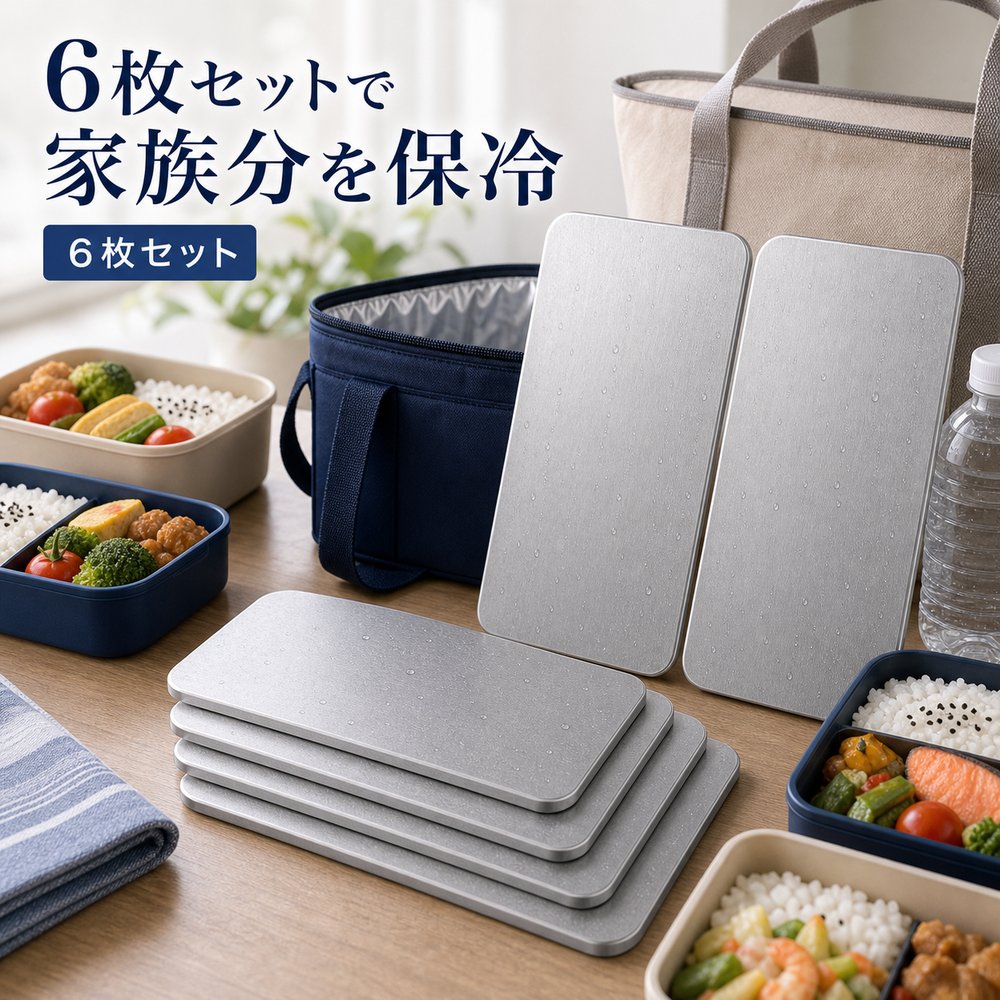 商品名SUS304ステンレス保冷プレート本ページのセット内容6枚セット材質SUS304ステンレスサイズ約17.5cm × 約11.5cm（1枚あたり）重量約463g（1枚あたり）使用方法冷凍庫で冷やしてから、保冷バッグ・クーラーボックス・弁当箱などの近くに入れて使用してください。お手入れ使用後は水洗いし、水気を拭き取ってよく乾かしてください。カラーシルバー【家族と予備に、 6枚セット。】家族の弁当や買い物、予備用に分けて使いやすいSUS304保冷プレート6枚セット。【使用シーン】家族用6枚【ご注意】保冷効果は使用環境、バッグの断熱性、外気温、内容物により異なります。食品の状態維持を確約するものではありません。電子レンジ、直火、食洗機では使用しないでください。落下や強い衝撃にご注意ください。