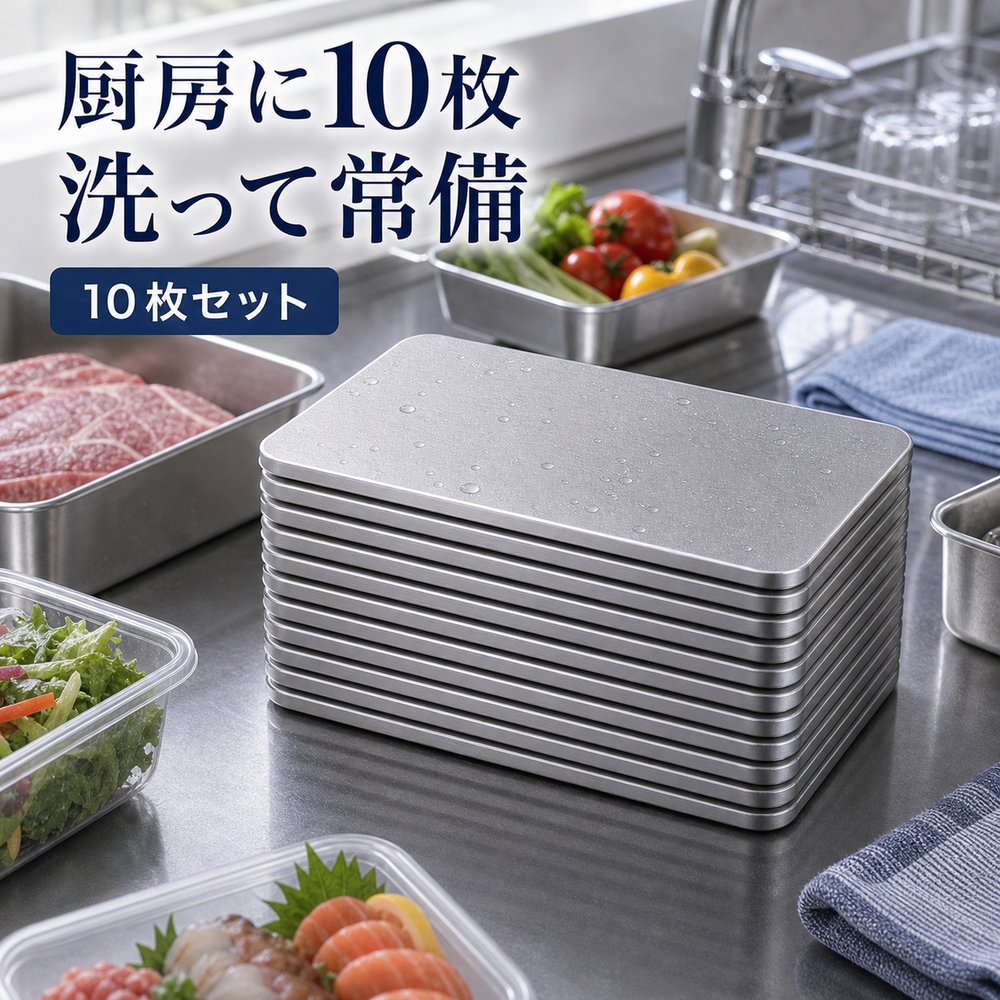 商品名SUS304ステンレス保冷プレート本ページのセット内容10枚セット材質SUS304ステンレスサイズ約17.5cm × 約11.5cm（1枚あたり）重量約463g（1枚あたり）使用方法冷凍庫で冷やしてから、保冷バッグ・クーラーボックス・弁当箱などの近くに入れて使用してください。お手入れ使用後は水洗いし、水気を拭き取ってよく乾かしてください。カラーシルバー【店舗常備に、 10枚セット。】店舗バックヤードに常備しやすいSUS304保冷プレート10枚セット。【使用シーン】棚在庫10枚【ご注意】保冷効果は使用環境、バッグの断熱性、外気温、内容物により異なります。食品の状態維持を確約するものではありません。電子レンジ、直火、食洗機では使用しないでください。落下や強い衝撃にご注意ください。
