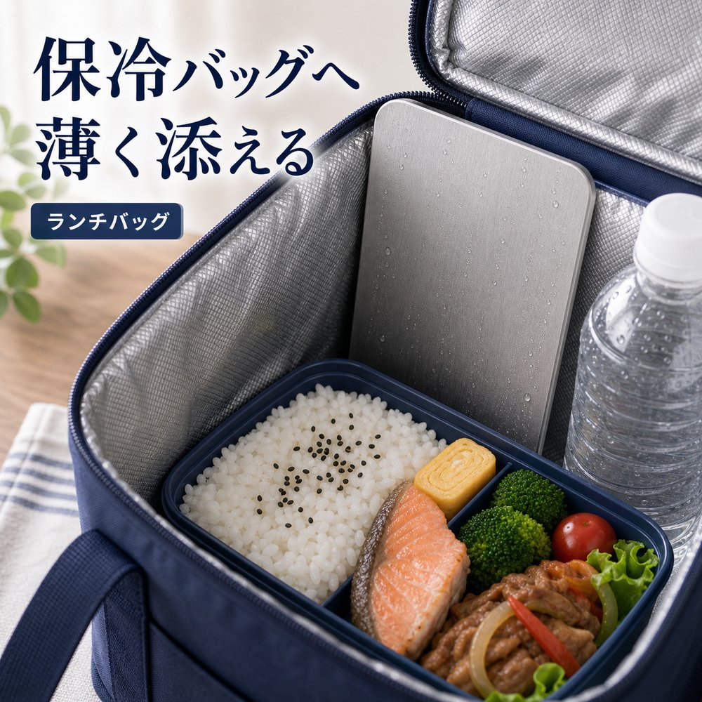 商品名SUS304ステンレス保冷プレート本ページのセット内容単品材質SUS304ステンレスサイズ約17.5cm × 約11.5cm（1枚あたり）重量約463g（1枚あたり）使用方法冷凍庫で冷やしてから、保冷バッグ・クーラーボックス・弁当箱などの近くに入れて使用してください。お手入れ使用後は水洗いし、水気を拭き取ってよく乾かしてください。カラーシルバー【新生活弁当に、 一枚。】新生活の弁当生活に添えやすいSUS304ステンレス保冷プレート。【使用シーン】新生活弁当に一枚【ご注意】保冷効果は使用環境、バッグの断熱性、外気温、内容物により異なります。食品の状態維持を確約するものではありません。電子レンジ、直火、食洗機では使用しないでください。落下や強い衝撃にご注意ください。