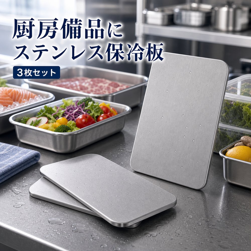 商品名SUS304ステンレス保冷プレート本ページのセット内容3枚セット材質SUS304ステンレスサイズ約17.5cm × 約11.5cm（1枚あたり）重量約463g（1枚あたり）使用方法冷凍庫で冷やしてから、保冷バッグ・クーラーボックス・弁当箱などの近くに入れて使用してください。お手入れ使用後は水洗いし、水気を拭き取ってよく乾かしてください。カラーシルバー【年末買い出しに、 3枚で。】年末の冷凍食品まとめ買いバッグに分けて使いやすいSUS304保冷プレート3枚セット。【使用シーン】冷凍食品に3枚【ご注意】保冷効果は使用環境、バッグの断熱性、外気温、内容物により異なります。食品の状態維持を確約するものではありません。電子レンジ、直火、食洗機では使用しないでください。落下や強い衝撃にご注意ください。