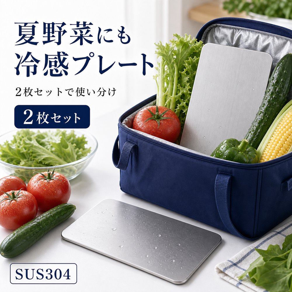 商品名SUS304ステンレス保冷プレート本ページのセット内容2枚セット材質SUS304ステンレスサイズ約17.5cm × 約11.5cm（1枚あたり）重量約463g（1枚あたり）使用方法冷凍庫で冷やしてから、保冷バッグ・クーラーボックス・弁当箱などの近くに入れて使用してください。お手入れ使用後は水洗いし、水気を拭き取ってよく乾かしてください。カラーシルバー【保冷バッグに、 2枚差し。】保冷バッグ内で食品の横に分けて使いやすいSUS304保冷プレート2枚セット。【使用シーン】バッグに2枚【ご注意】保冷効果は使用環境、バッグの断熱性、外気温、内容物により異なります。食品の状態維持を確約するものではありません。電子レンジ、直火、食洗機では使用しないでください。落下や強い衝撃にご注意ください。