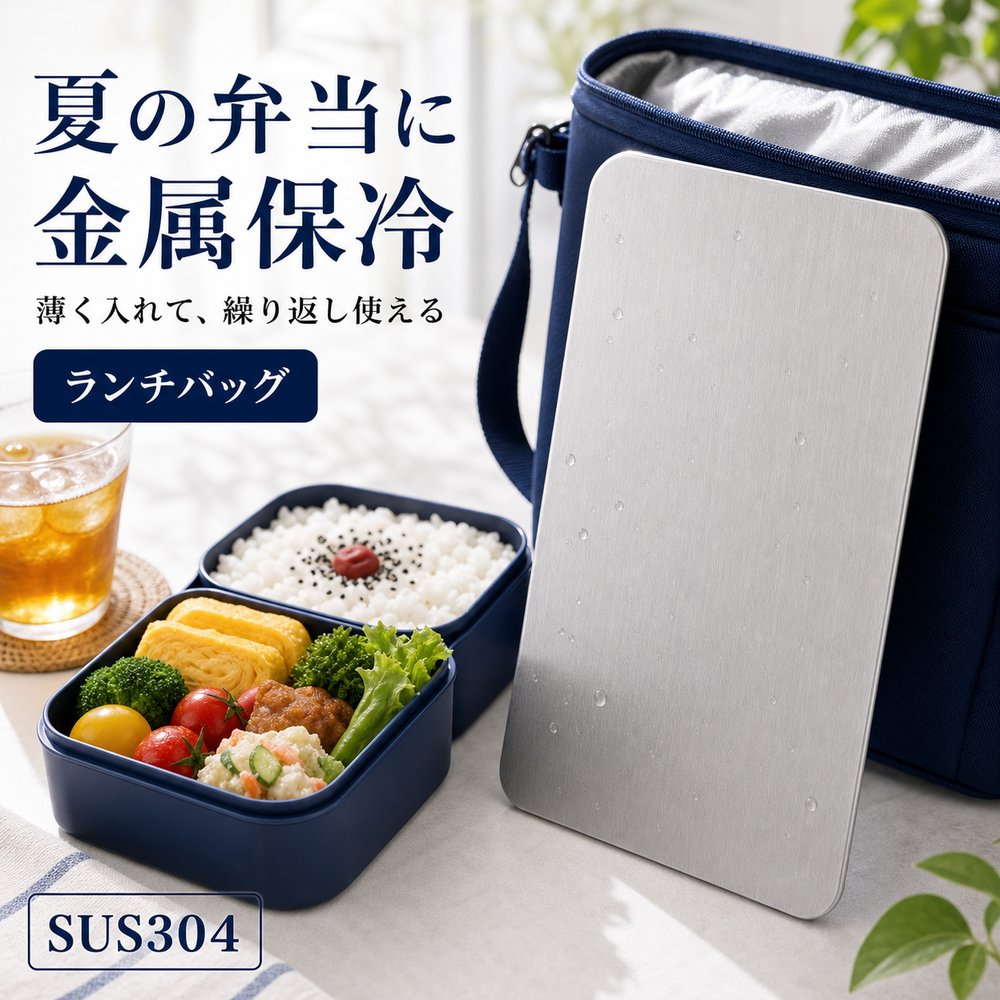 商品名SUS304ステンレス保冷プレート本ページのセット内容単品材質SUS304ステンレスサイズ約17.5cm × 約11.5cm（1枚あたり）重量約463g（1枚あたり）使用方法冷凍庫で冷やしてから、保冷バッグ・クーラーボックス・弁当箱などの近くに入れて使用してください。お手入れ使用後は水洗いし、水気を拭き取ってよく乾かしてください。カラーシルバー【サイズ感を、 ひと目で。】弁当箱と並べてサイズ感を見やすいSUS304保冷プレート。【使用シーン】弁当箱と比較【ご注意】保冷効果は使用環境、バッグの断熱性、外気温、内容物により異なります。食品の状態維持を確約するものではありません。電子レンジ、直火、食洗機では使用しないでください。落下や強い衝撃にご注意ください。