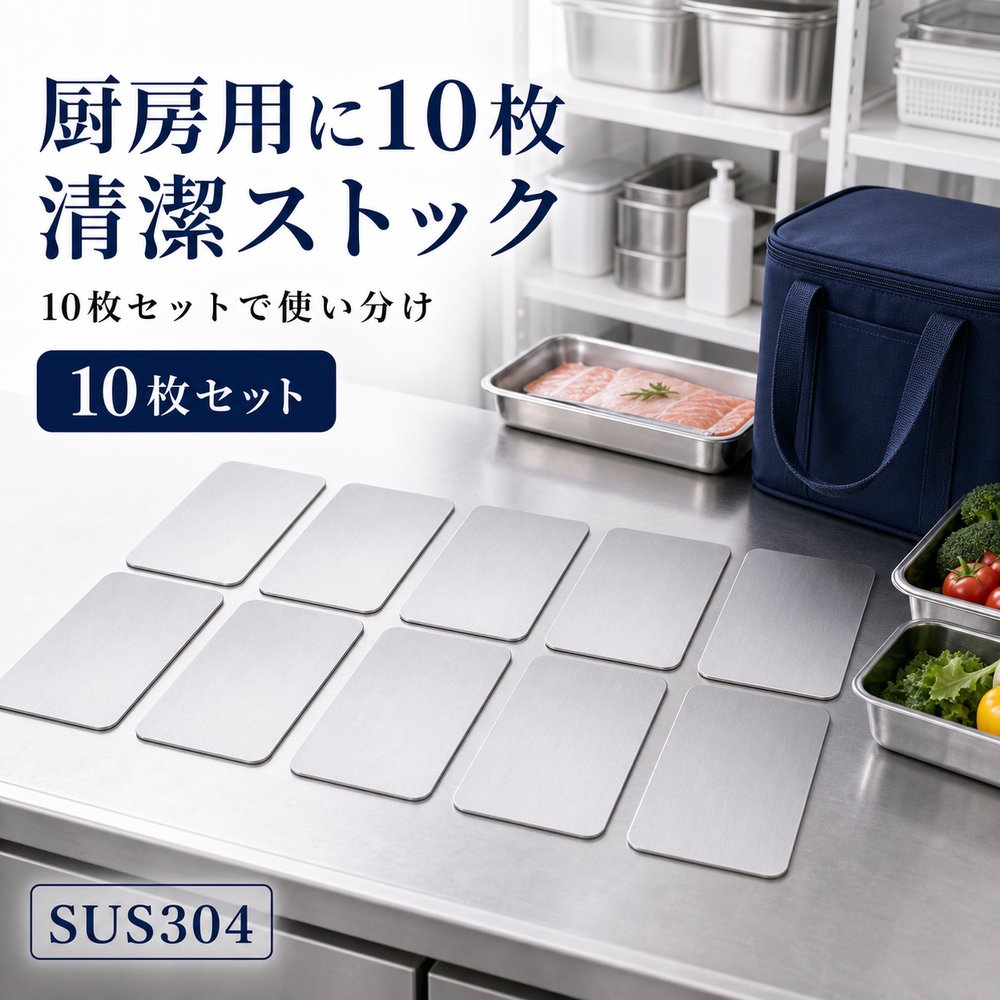 商品名SUS304ステンレス保冷プレート本ページのセット内容10枚セット材質SUS304ステンレスサイズ約17.5cm × 約11.5cm（1枚あたり）重量約463g（1枚あたり）使用方法冷凍庫で冷やしてから、保冷バッグ・クーラーボックス・弁当箱などの近くに入れて使用してください。お手入れ使用後は水洗いし、水気を拭き取ってよく乾かしてください。カラーシルバー【法人備品に、 10枚セット。】法人備品や配布用の予備としてまとめて用意しやすいSUS304保冷プレート10枚セット。【使用シーン】合計10枚【ご注意】保冷効果は使用環境、バッグの断熱性、外気温、内容物により異なります。食品の状態維持を確約するものではありません。電子レンジ、直火、食洗機では使用しないでください。落下や強い衝撃にご注意ください。