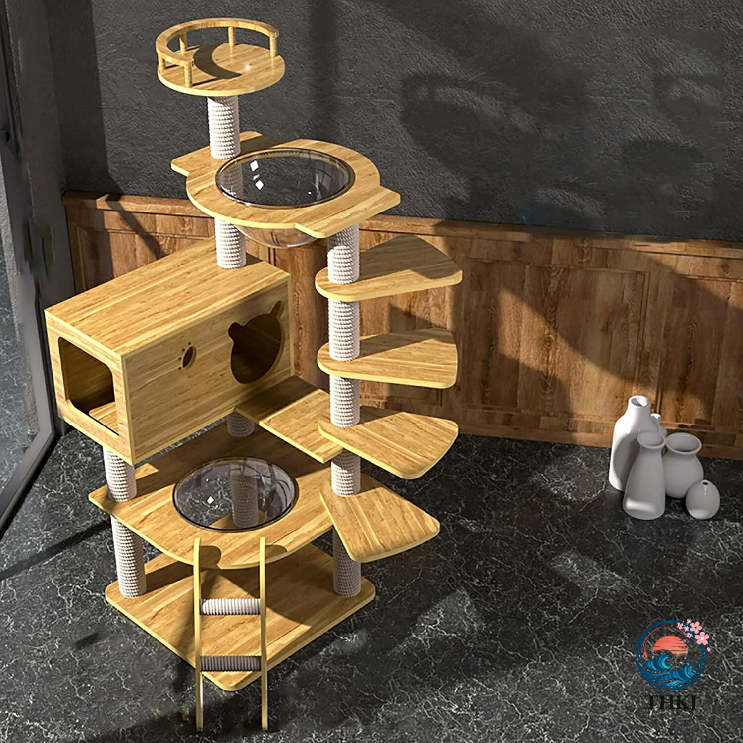 キャットタワー 透明宇宙船 猫ハウス 爪研ぎ 大型猫頑丈 据え置き木製 麻紐 組み立て簡単 爪とぎボール 猫ベッド 大型 木目調 多頭飼い 据え置き型 爪とぎ 猫タワー 爪研ぎ 高さ 135cm ストレス解消 ネコの遊園地 安定性 頑丈耐久 転倒防止