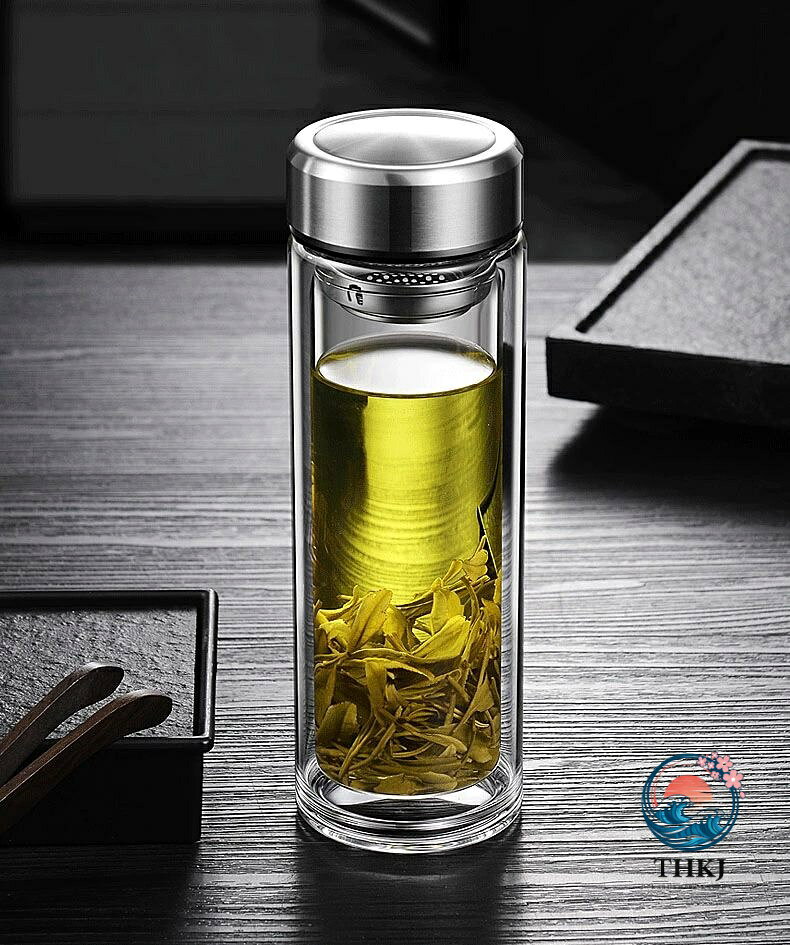 ティーボトル ウォーターボトル ガラス 水筒 ガラス 二重構造 耐熱 茶こし付きタンブラー 1000ml ポータブル トラベル