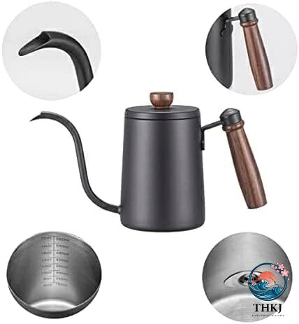 ASBEAUTEのコーヒーポット 直火 コーヒーケトル 温度計付き コーヒードリップポット 600ml ドリップケトル目盛付き 天然木柄 蓋付き 細口ドリップケトル ステンレス コーヒー器具 喫茶店 お茶用品｜アングル2