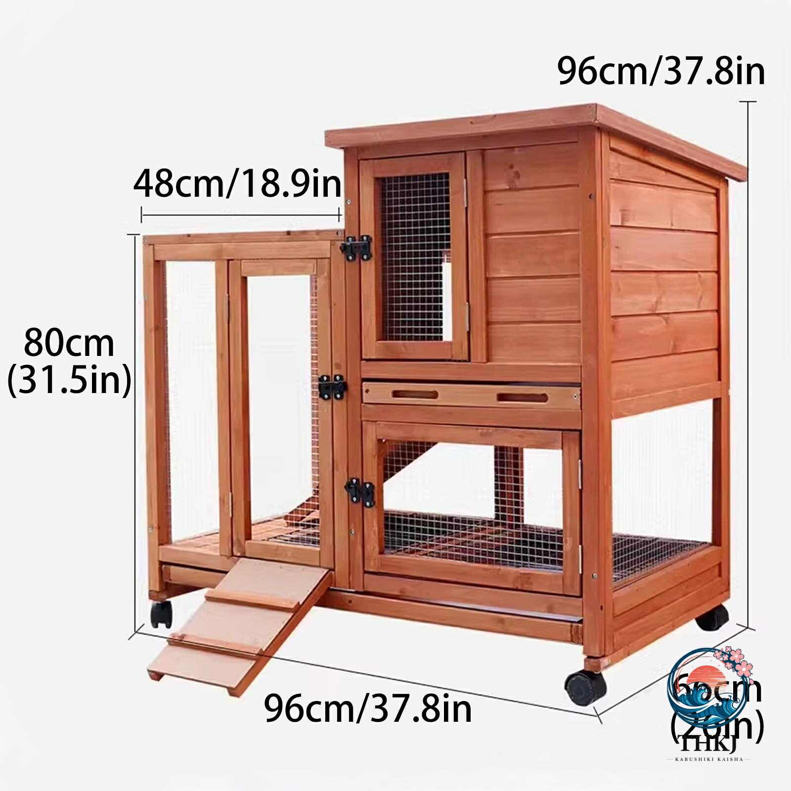ウサギのケージ 2 階建ての屋外用木製ウサギ小屋 4 つの車輪と漏れ防止トレイ付き ...