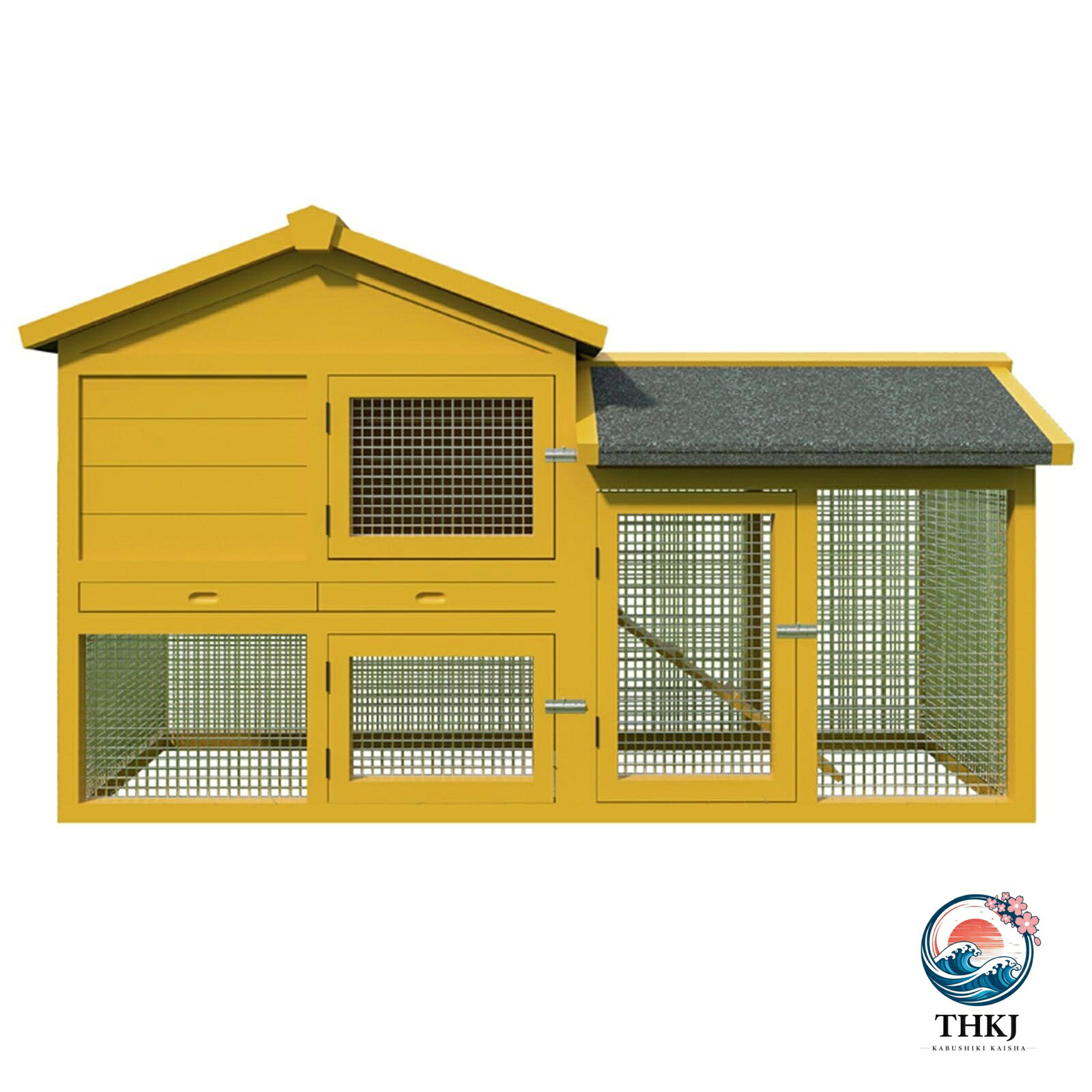 【全品2点で5%OFF】2 階建ての大型ウサギ小屋 鍵付きドア付き木製ウサギケージ 水漏れ防止トレイと防水屋根 屋外用家禽ケージ