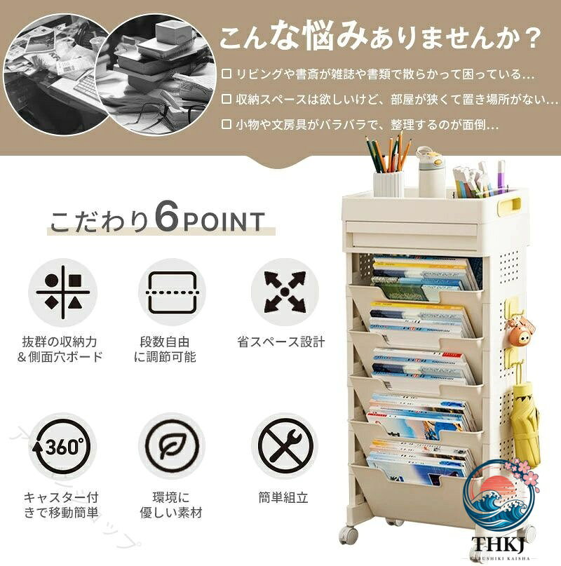 マガジンラック 収納ワゴン キャスター付き 5 段 3 段 デスク下本棚 多機能収納 ラック 引き出し 側面穴ボード 移動式収納 文房具収納 組み合わせ自由 省スペース おしゃれ 便利 整理整頓 在宅ワーク 収納力抜群 取り出しやすい 子供部屋 オフィス向け 机下収納 ブックラック [3]