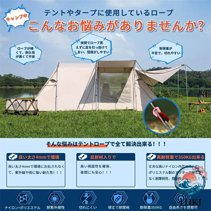 ガイロープ テントロープ キャンプ ロープ タープロープ パラコード 10 本 セット 長さ 4M 調節可能 反射材入り 自在金具 収納袋付 耐荷重 350kg キャンプ用品 テント設営 asbeaute-10028307 ASBEAUTE サンプル画像2
