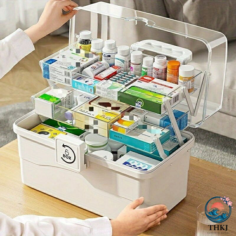 薬箱 大容量 3 層 3 段 収納ケース 収納ボックス 工具箱 透明 収納箱 取っ手付 折り畳み 携帯 便利 薬入れ 小物入れ 家庭用多機 3 段透明家庭用薬箱