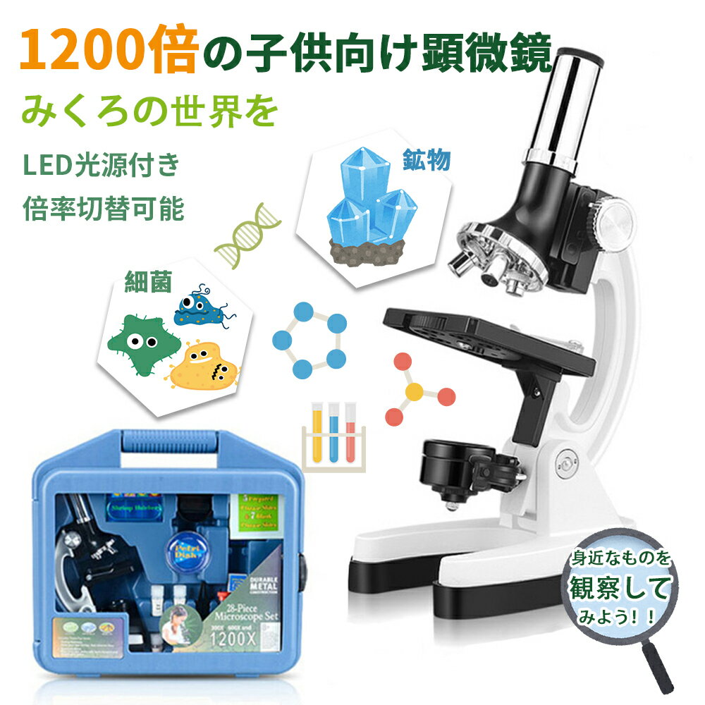 顕微鏡 学習用 子供 初心者 300x 600x 1200x LEDライト 乾電池式 小学生 自由研究 趣味 けんびきょう コンパクト 観察 セット 理科 生物 植物 昆虫 微生物 細胞 学習用 初心者向け 観測 倍率切り替え可