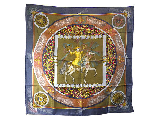 HERMES エルメススカーフ シルク100％FEUX D'ARTIFICE 技巧の火ネイビー系【中古】【送料無料】【質屋出品】