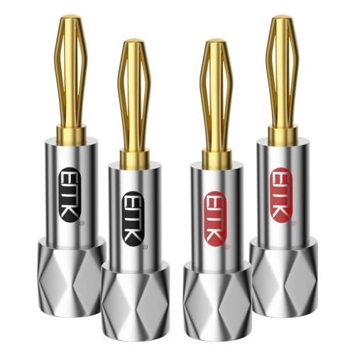 バナナプラグ スピーカーケーブルコネクター 24k 金メッキ10AWG - 18AWG ゲージ サイズ 4mm 赤/黒 ソル..