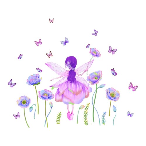 ZARROUEA ムーンガール ウォールステッカー wall stickers 紫の服の女の子の後ろ姿です 壁紙シール はがせる 白雲 花 北欧 アート おしゃれ 女の子の寝室です インテリア ポスター ウォールデ