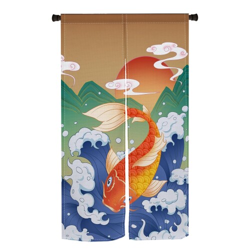 Qinunipoto 暖簾 和風 和柄 鯉 波 山と太陽 のれん シンプル風 幅85cm丈150cm インテリア 出入り口 目隠し おしゃれ すだれ 遮光 部屋 間仕切りカーテン 門カーテン ポリエステル製 オーダー可