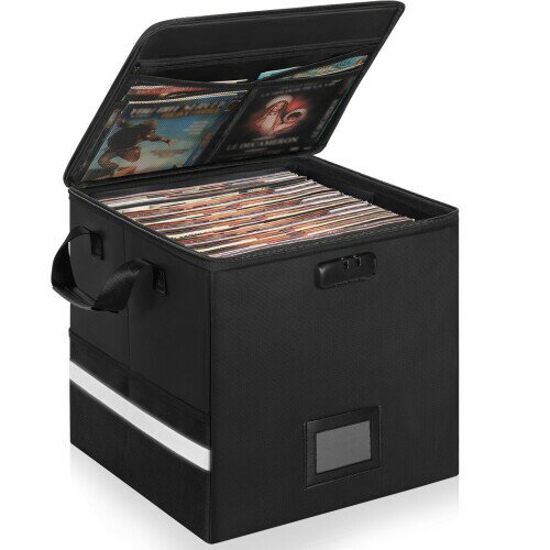BQKOZFIN レコードケース ビニールレコード保管ボックス 長さ34 x 幅34 x 高い34cm 防火・防水・防塵 強化版 12インチ LPレコード用収納ボックス蓋付き LP盤約70枚収納可能 （ブラック）