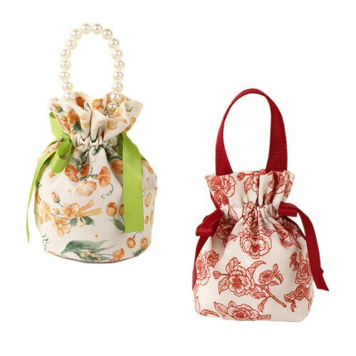 JK Home 巾着袋 2枚セット 花柄 キャンバス製 かわいい 収納 旅行 収納ポーチ アクセサリーポーチ 小物入れ 着物用バッグ タイプA