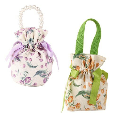 JK Home 巾着袋 2枚セット 花柄 キャンバス製 かわいい 収納 旅行 収納ポーチ アクセサリーポーチ 小物入れ 着物用バッグ タイプD
