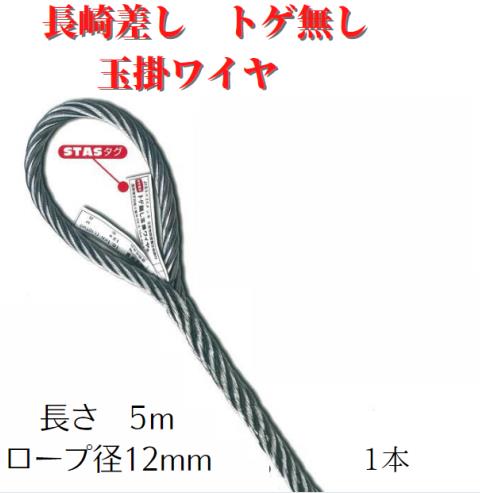Rakuten - 【長崎差しトゲ無 玉掛ワイヤ】ロープ径12mm×5m　1本　安心　安全　トゲ無　玉掛　ワイヤ　送料無料　JIS　ワイヤー　ワイヤーロープ　5m
