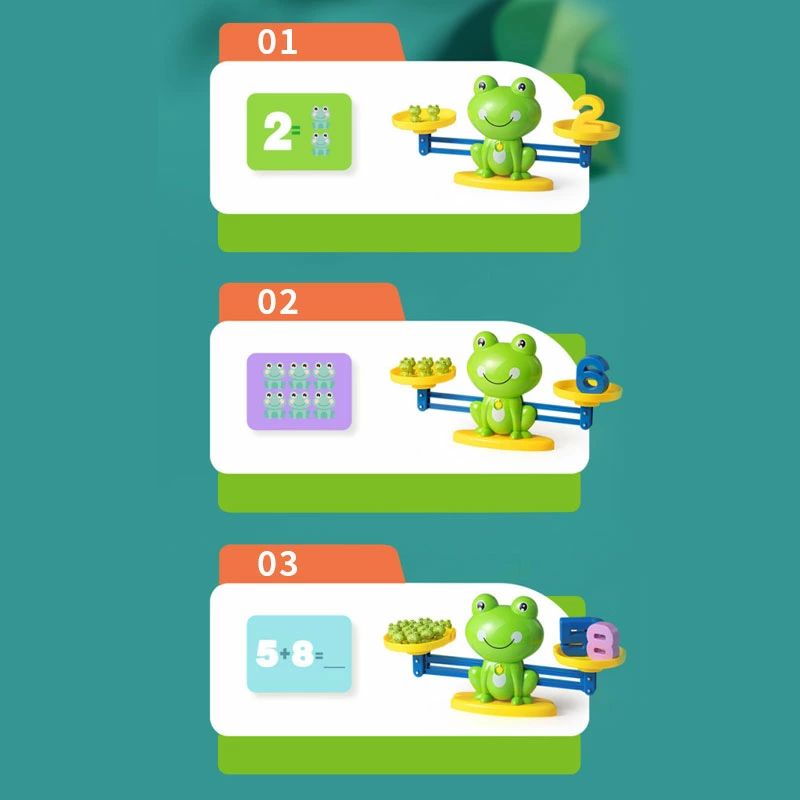 アシスト12のカエル 天秤 知育玩具 バランスゲーム 数字の基礎を覚える 算数 足し算 引き算 モンテッソーリ 女の子男の子 おもちゃ幼児幼稚園教具子供 誕生日プレゼント プレゼント 子供の日 カエル×40 数字×20個 カード×30枚｜アングル3