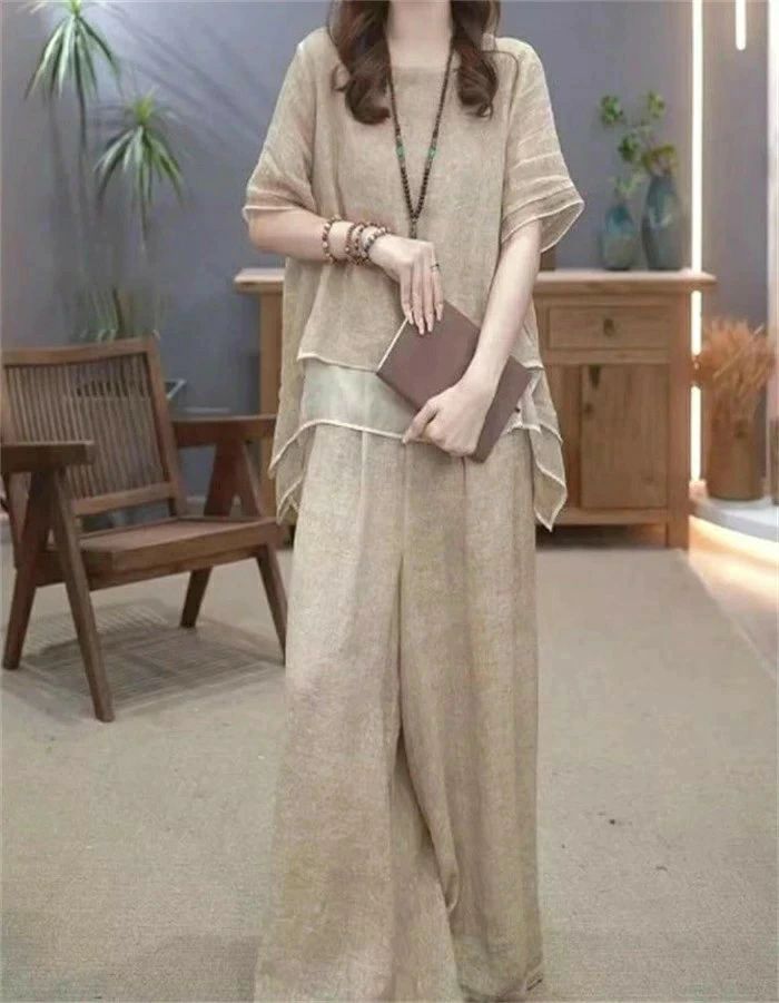 綿麻 半袖 トップス ワイドパンツ 上下セット セットアップ レディース 軽量 春 夏...