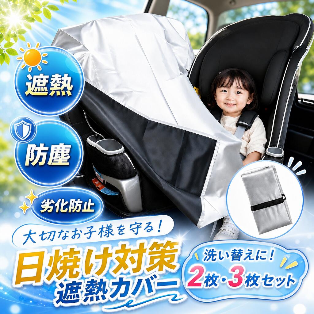 商品名 チャイルドシート対応 遮熱カバー サイズ 展開時 約 100×74cm 重量 約 150g 素材 高密度ポリエステル＋反射遮熱フィルム 対応アイテム チャイルドシート / ジュニアシート / ベビーカー 各種対応 商品説明 真夏の車内高温リスクを完全シャットアウト！保育士監修でお子様を守る 炎天下に駐車した車内は 50℃を超えることもあり、そのままお子様をチャイルドシートに座らせると火傷・熱中症の危険が伴います。 「乗せた瞬間シートが熱くて赤ちゃんが泣いてしまう…」そんなお悩みを解消するため、保育士監修のもと開発した遮熱保護カバーです。 本商品に採用した高性能反射遮熱素材が強い直射日光をしっかりブロックし、最大約 22℃のシート温度上昇を抑制。座席の熱こもりを大幅軽減し、暑さによるお子様のぐずりを防ぎ、快適なドライブを実現します。 6 つの魅力ポイント ■【忙しいパパ・ママに嬉しい時短簡単装着】 上部袋状ポケットをヘッドレストにサッとかけるだけ、たった数秒で取り付け完了！ 複雑な紐調整は不要、お出かけ前の慌ただしい時間でもスムーズに準備できます。 ■【軽量コンパクト、持ち運びラクラク】 総重量約 150g と軽量設計。使わない時は小さく折りたため、車内収納はもちろんマザーズバッグに入れてもかさばりません。公園・プール・テーマパーク・海・山など屋外お出かけ時に携帯に最適。 ■【1 台でマルチ活用 ベビーカーにも対応】 自動車のチャイルドシート・ジュニアシートはもちろん、ベビーカーにもぴったりフィット。屋外に長時間置くベビーカーの熱対策、汚れ・劣化防止として幅広いシーンで活躍します。 ■【幅広い国産車種に対応】 ヤリスクロス、ハリアー、アルファード、ヴェルファイア、エクストレイル、キャラバン、ランドクルーザー、ヴェゼル、ジムニー、ハスラー、フォレスター、ハイエース ほか各車種 OK！ 大型回転式チャイルドシート、ヘッドレスト付きジュニアシート全タイプにフィットします。 ■【赤ちゃんの肌に優しい安心素材】 無臭・無毒の高密度ポリエステル素材を採用。敏感な赤ちゃんの肌に直接触れても安心、毎日長時間ご使用いただけます。 ■【防塵・色あせ・劣化防止でシート長持ち】 太陽紫外線による日焼け、ホコリ汚れ、経年劣化をしっかりガード。大切なチャイルドシートの色褪せや傷みを防ぎ、寿命を延ばします。汚れたら洗濯機で丸洗い可能、何度洗っても遮熱性能・素材強度が落ちにくく、いつでも清潔な状態を保てます。 こんな方におすすめ ・夏場頻繁に車でお出かけするご家族 ・屋外にベビーカーを長時間放置する機会が多いママ・パパ ・チャイルドシートの高温による火傷・熱中症リスクを回避したい方 ・チャイルドシートの色あせ・汚れ、劣化を抑えて長く使いたい方 保証・領収書について ■安心の 1 年間製品保証付き 商品レビューをご投稿いただくと、保証期間が 2 年間に延長となります。 ■領収書発行対応 ご希望のお客様には PDF 形式の領収書を提供可能です。 メーカー希望小売価格はメーカーカタログに基づいて掲載しています