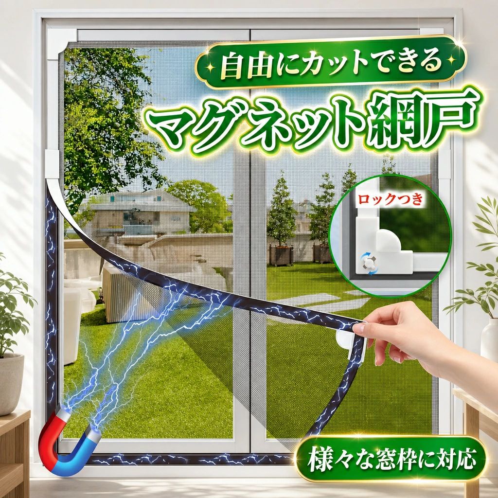 【商品説明】 取り付け簡単で自由に裁断可能なマグネット式網戸カーテンです。 磁気ストリップ付きで、窓に貼るだけですぐに設置完了。 窓を開けたまま換気しながら、蚊や虫の侵入をしっかり防ぎます。 犬・猫の脱走防止や、暑さ対策、エコな換気にも大活躍！ DIY キットとして、お好みのサイズに調整できるので、どんな窓にも対応可能です。 【特徴】 ・自由裁断可能：窓のサイズに合わせてハサミで簡単にカットできます ・取り付け簡単：磁気ストリップ付きで、貼るだけの手軽さ ・通気性抜群：風通しが良く、夏の暑さ対策や換気に最適 ・防虫効果：細かい網目で蚊や虫の侵入を防ぎます ・丈夫なグラスファイバー製：軽量で耐久性に優れ、錆びにくい ・ペット対策：犬・猫の脱走防止にも役立ちます メーカー希望小売価格はメーカーカタログに基づいて掲載しています