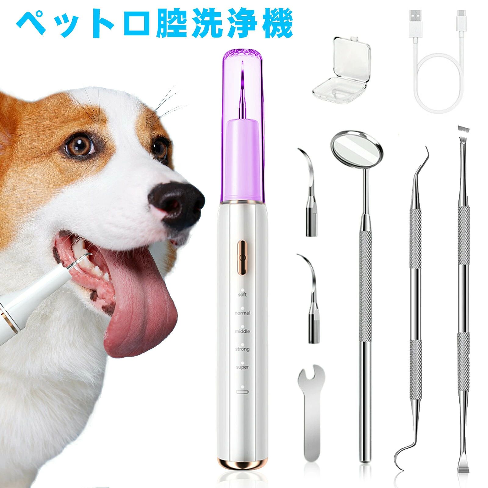 ペット口腔洗浄機 犬用歯ブラシ 超音波歯クリーナー USB充電式 5モード調節可 内蔵LED照明 クリーニングキット 犬歯ブラシ 犬歯ブラシ小型犬 猫用歯ブラシ 猫歯ブラシ 超音波 IPX7防水 猫・犬兼用