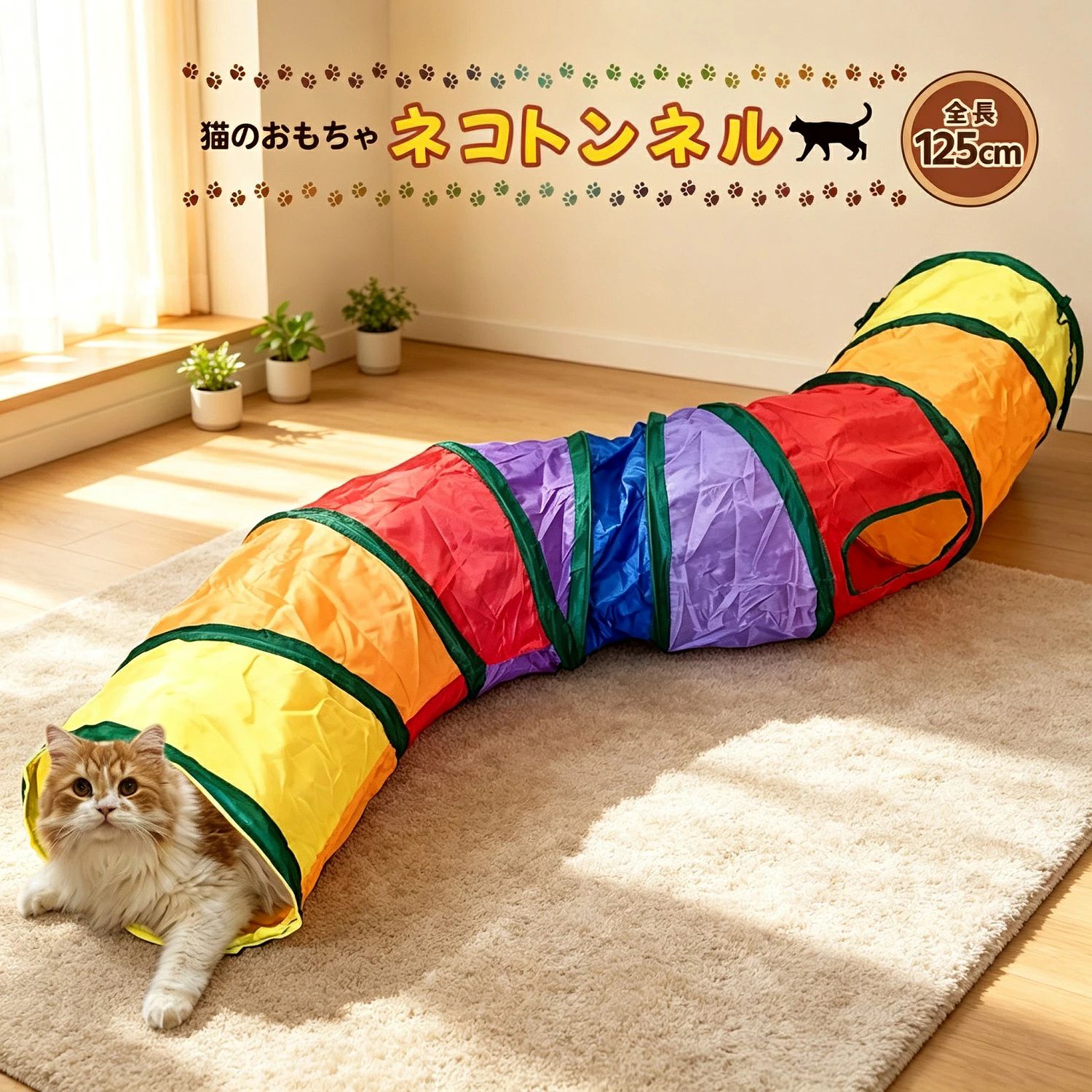 商品詳細商品名：猫トンネル / キャットトンネルサイズ：長さ約120cm × 直径約25cm（小窓直径約18cm × 2穴）素材：ポリエステル（カサカサ音素材）形状：S型（2穴付き）特徴：折りたたみ式 / 水洗い可能 / 工具不要 / コンパクト収納 / 耐久性抜群商品説明あなたのDAYを、SUNNYに変える雑貨屋さん daysunnydaysunnyの猫トンネルは、猫ちゃんが大好きなカサカサ音のする素材を使用。S型の長いトンネルで、歩き回ったり、隠れたり、跳ね返ったりと飽きずに遊べます。 猫が大好きなカサカサ音：トンネルを通るたびにシャカシャカ音が鳴り、猫ちゃんの興味を引きつけます。 S型＆2穴付き：長さ約120cmのトンネルに2つの小窓付き。複数の猫ちゃんでも一緒に遊べます。 折りたたみ式で収納便利：工具不要で数秒で組み立て完了。使わない時はコンパクトに折りたため、場所を取りません。 水洗い可能：ポリエステル素材で汚れても丸洗いOK。いつも清潔に保てます。 運動不足ストレス解消：室内飼いの猫ちゃんの運動不足解消やストレス発散に最適。猫の健康維持におすすめです。こんな猫ちゃんにおすすめ室内で過ごすことが多い猫ちゃん / 運動不足が気になる猫ちゃん / 隠れるのが好きな猫ちゃん / 新しいおもちゃに興味を示さない猫ちゃん商品詳細情報本体サイズ：直径約25cm × 長さ約120cm小窓：直径約18cm（2ヶ所）素材：ポリエステル（カサカサ素材）形状：S型トンネルご購入前のご確認事項モニター環境により色味が異なる場合があります。関連キーワード猫トンネル / キャットトンネル / 猫おもちゃ / S型トンネル / 折りたたみ式 / 水洗い可能 / 運動不足解消 / ストレス発散 / ペット用品 / ネコ用品 / カラフル / ギフト / daysunny
