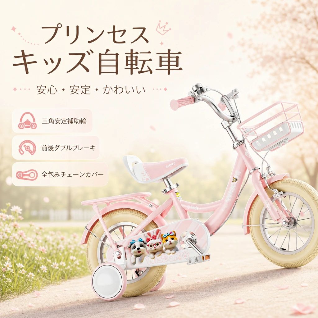 商品特徴 【三角安定補助輪付き】 三角構造の補助輪を搭載し、走行時の安定性を向上。転倒しにくい設計で、お子様でも安心して自転車の練習ができます。 【前後ダブルブレーキ】 前後にブレーキを装備し、しっかりとした制動力を実現。操作しやすく、必要なときにすぐ止まれる安全設計です。 【チェーン保護カバー】 チェーン部分はフルカバー設計で、衣服や指の巻き込みを防止。お子様の安全を考えた安心仕様です。 商品仕様 商品名：子供用ペダル自転車 材質：金属、プラスチック 特徴：三角安定補助輪、前後ダブルブレーキ、チェーン保護カバー付き 用途：子供用自転車、練習用自転車 【注意事項】：・当店でご購入された商品は、原則として、「個人輸入」としての取り扱いになり、中国からお客様のもとへ直送されます。 ・通関時に関税・輸入消費税が課税される可能性があります。 ・課税額はご注文時には確定しておらず、通関時に確定しますので、商品の受け取り時に着払いでお支払いください。詳細はこちらご確認下さい。 ・個人輸入される商品は、全てご注文者自身の「個人使用・個人消費（日本に居住する者に寄贈される物で、当該寄贈を受ける者の個人的な使用に供される場合を含みま す。）」が前提となります。第三者への譲渡・転売が法令で禁止されるもの（医薬品、医薬部外品、化粧品等を含みますが、これに限られません。）もございますのでご注意下さい。 ・一部商品は国内の提携先倉庫から配送されます。 ・国内配送の商品は国内でのお買い物と同じく消費税が発生いたします。関税はかかりません。 ＊色がある場合、モニターの発色の具合によって実際のものと色が異なる場合がある