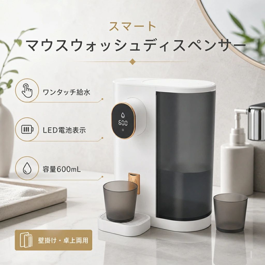 【高感度ワンタッチ操作】 カップで軽くボタンに触れるだけで、自動でマウスウォッシュを吐出。従来のセンサー式に比べ、誤作動や反応遅れを軽減し、液だれや無駄を防ぎます。大人から子供まで使いやすい設計です。 【LEDディスプレイ＆バッテリー残量表示】 LEDディスプレイ搭載で、バッテリー残量を一目で確認可能。半透明のマットタンクにより、残量も見やすく便利です。1200mAh充電式バッテリー内蔵で、1回の充電で数週間〜数か月使用できます。 【衛生的で便利なデザイン】 底部には磁気吸着式カップを2個搭載し、カップを清潔かつ乾燥した状態で収納可能。広口密閉キャップ採用で、マウスウォッシュの補充も簡単です。600ml大容量で頻繁な補充不要。 【4段階の吐出量調整】 10ml・20ml・30ml・無制限モードの4段階調整に対応。用途に合わせて最適な量を選択できます。無制限モードでは、ボタンを押している間連続吐出が可能です。 【簡単設置】 シンプルでスタイリッシュなデザインは様々な浴室空間にマッチ。卓上設置・壁掛け設置の両方に対応しています。壁掛け時は、設置面を清掃後に接着し、24時間固定してください。 商品参数 商品名：自動マウスウォッシュディスペンサー 容量：600ml 吐出量調整：4段階（10ml / 20ml / 30ml / 無制限） バッテリー：1200mAhリチウム電池内蔵 【注意事項】：・当店でご購入された商品は、原則として、「個人輸入」としての取り扱いになり、中国からお客様のもとへ直送されます。 ・通関時に関税・輸入消費税が課税される可能性があります。 ・課税額はご注文時には確定しておらず、通関時に確定しますので、商品の受け取り時に着払いでお支払いください。詳細はこちらご確認下さい。 ・個人輸入される商品は、全てご注文者自身の「個人使用・個人消費（日本に居住する者に寄贈される物で、当該寄贈を受ける者の個人的な使用に供される場合を含みま す。）」が前提となります。第三者への譲渡・転売が法令で禁止されるもの（医薬品、医薬部外品、化粧品等を含みますが、これに限られません。）もございますのでご注意下さい。 ・一部商品は国内の提携先倉庫から配送されます。 ・国内配送の商品は国内でのお買い物と同じく消費税が発生いたします。関税はかかりません。 ＊色がある場合、モニターの発色の具合によって実際のものと色が異なる場合がある