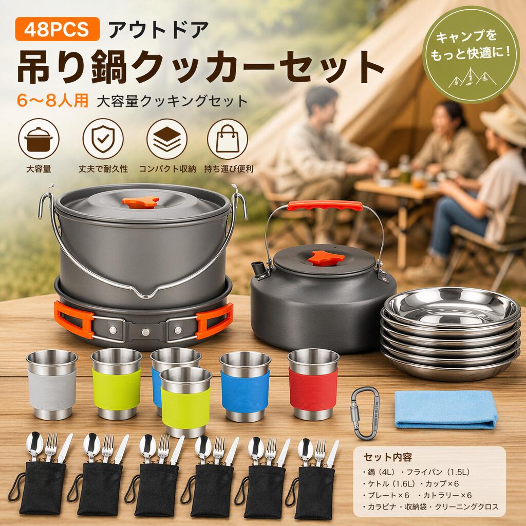クッカーセット アウトドア キャンプ 6-8人用 大容量 吊り鍋 ケトル フライパン 食器セット テフロン加工 耐摩耗性 コンパクト収納 携帯便利 キャンプ用品 ハイキング ピクニック BBQ 防災 緊急時 多機能 キャンプ道具 人気