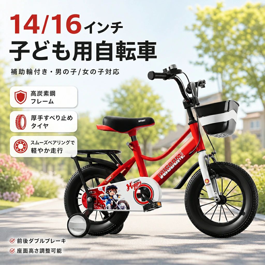 子供用自転車 補助輪付き 14インチ 16インチ 3-6歳 キッズ自転車 初めての自転車 バランスバイク 練習用 安全設計 完全密閉チェーンガード ブレーキ付き 男の子 女の子 公園 外遊び 丈夫 成長調整 転倒防止 キッズバイク プレゼント