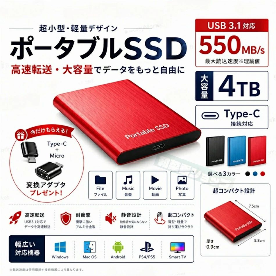 【2026新登場】外付けSSD ポータブルSSD 1TB 4TB 外付けハードディス 500GB 超薄型ポータブル ハードディスク 2TB USB3.1 Type-C 対応 スマホ互換可 耐衝撃
