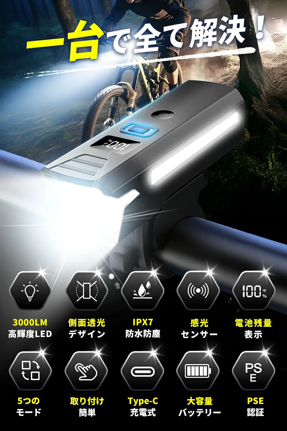 ＼限定価格!!／ 自転車 ライト サイドライト付き 広範囲照射 5段階照明モード 感光...