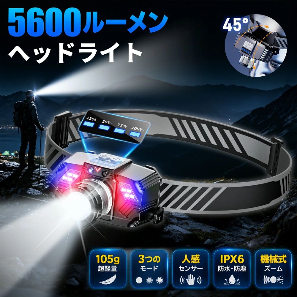 ヘッドライト LED 5600ルーメン 高輝度 ズーム調整可能 充電式 LEDヘッドランプ 軽量 防水 登山 釣り キャンプ アウトドア用 ランニング 夜間 明るい コンパクト Type-C LEDヘッドライト 長時間点灯 地震 停電 防災 災害対策 プレゼント