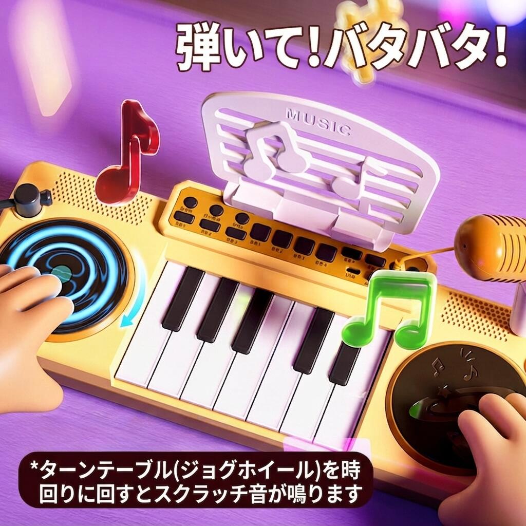 【2in1】電子ピアノ DJキーボード 子供ピアノ おもちゃ 音楽おもちゃ ミニピアノ 電子キーボード 多機能 録音 マイク付き 歌う 光るピアノキー テーブル脚取り外し可能 プレゼント ギフト 子供の日 誕生日 教育玩具 知育おもちゃ