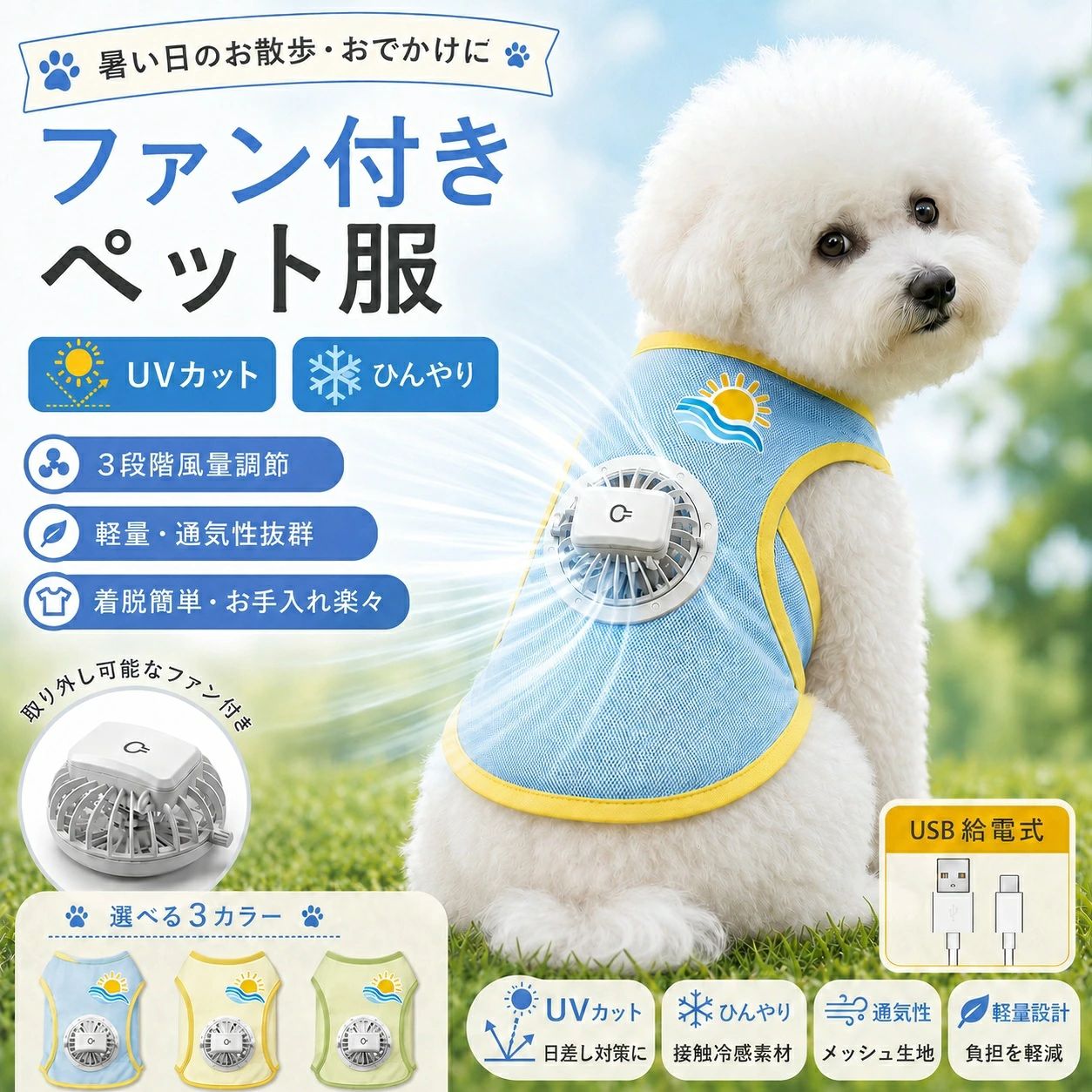 ペット用ファン付きクール 犬服 猫服 メッシュ ファン付きペット服 通気 軽量 3段階風量調節 USB充電式 取り外し可能ファン 静音 冷感 薄型 ひんやり 涼しい UVカット 日焼き防ぐ 熱中症対策 暑さ対策 小中型犬 お散歩 お出かけ 虫よけ 夏用