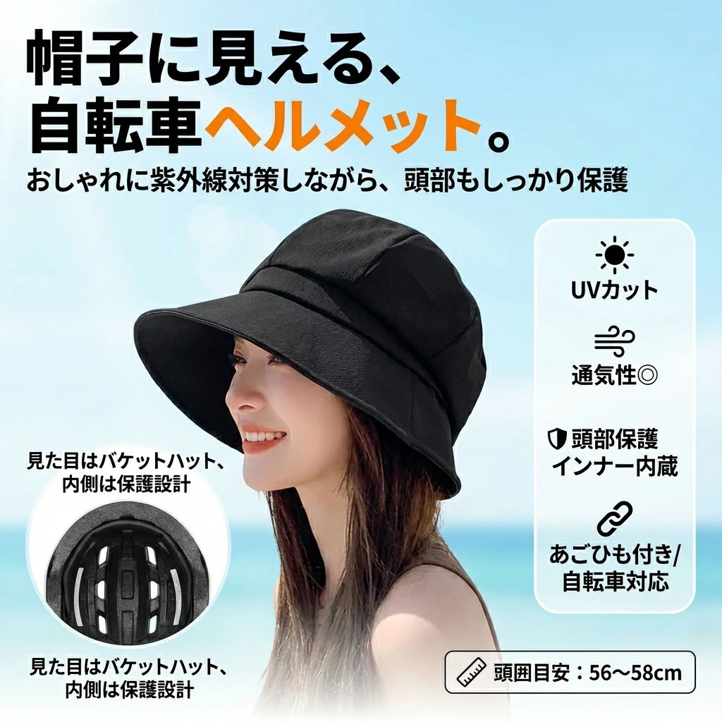 【おしゃれで涼しい】自転車ヘルメット バケットハット型 夏用 あごひも付き 通気性 UVカット 防災用 キャップ 帽子型 男女兼用 キャンプ アウトドア プレゼント ギフト 母の日 父の日 誕生日 ポイント消化 人気 おすすめ 新生活