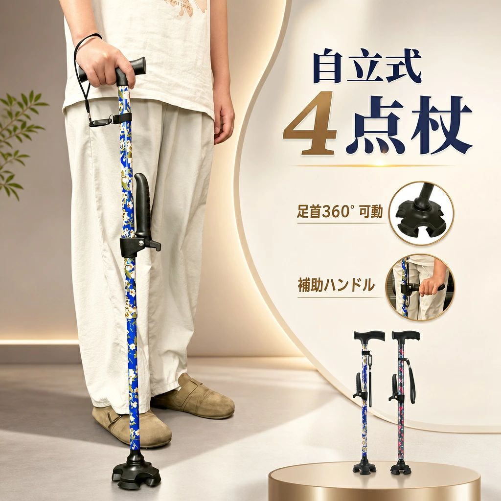 商品情報商品名四点杖 花柄 補助ハンドル付き商品説明杖はご自身や家族の生活を支えてくれる強い味方です！急な転倒や災害時、めまいや立ちくらみ、旅行や散歩の補助に、足腰への負担を軽減します。本品は理学療法士から推薦される多点杖で、4本足設計により抜群の安定性と安全性を実現。補助ハンドル付きで、ベッドや椅子からの立ち上がりを楽にサポートし、腰が痛い方でも安心してお使いいただけます。握りやすい仕様で、ハンドル部分にはABS素材を採用。手にフィットする曲線で、長時間使用しても痛みを感じず、快適な使用感です。11段階の伸縮調整が可能で、約70cmから94cmまで2.5cmピッチで調整可能。身長136cmから180cmの方にぴったりのサイズにカスタマイズできます。調整はボタン式で簡単、固定用リングでしっかりロック。滑り止めゴムベースは四足/片足切り替え式で、堅固な4点式ゴム脚が牽引力と安定性を向上。360°回転する足首設計で、各種床面に適用します。一点杖と違い、杖先が大きいためグレーチングの隙間にハマるリスクが軽減され、転倒防止に役立ちます。また、自立式設計で、手を放しても倒れず、買い物や受付などで便利です。付属のストラップで杖が手から離れるのを防止でき、緊急時用の付箋に家族の連絡先を書いて安心。花柄デザイン（牡丹・梨花）でおしゃれに、日本語の説明書付きなので初めての方でも簡単にセットアップできます。高齢者の日常歩行や介護に最適で、母の日などのプレゼントとしてもおすすめです。素材ハンドル: ABS樹脂、シャフト: アルミニウム、ベース: ゴムカラー牡丹、梨花サイズ伸縮調整範囲: 約70-94cm（2.5cmピッチ）、対応身長: 136-180cm