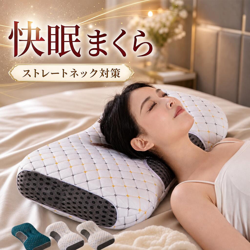 中素材：ポリエステル100％側生地：ポリエステル100％サイズ：約70×45cm重さ：約1kg（本体のみ）■【低反発枕-枕】:本体重さ：約1kg 絶妙な配合比率で他にはない弾力性と柔軟性を実現低反発素材。かかる力に応じて包み込む度合が変化、常にバランスの取れた圧力吸収・分散を実現 あたなの後頭部や頸椎に優しくフィット。 ■【通気性-まくら】:90%以上が空気の層で、抜群の通気性を有します。睡眠中、首、 頭部に熱がこもらず、睡眠時の脳温低下を妨げません。蒸れず夏涼しく快適にお休みいただけます。脳を休息させるスリーポンピローは、年齢・性別を問わず使用できる高反発まくらです。■【個性的輪郭デザイン-枕 肩凝り】枕の硬さは中程度です。 背中、横、お腹の寝台車の場合は、頭と首を自然な位置に保ちます。 この枕は、高品質の高密度メモリーフォームで作られています。 枕の高さは、寝る位置、頭の大きさ/重さ、体の大きさ/重さ、肩幅（横向き）によって異なり、最も快適なレベルに保たれます。■【独自の革新的枕、肩こり/首こり対策-枕】:人間工学設計と圧力分散に優れた低反発により、体への負担を減少し、しっかりと頭、首、肩をサポートしてくれます。首や頚椎を正常な形にキープして、呼吸がスムーズに出来るほか、寝返りが軽減、いびきを軽減します。横向き・仰向け・うつ伏せ、どんな寝姿勢でもOK！