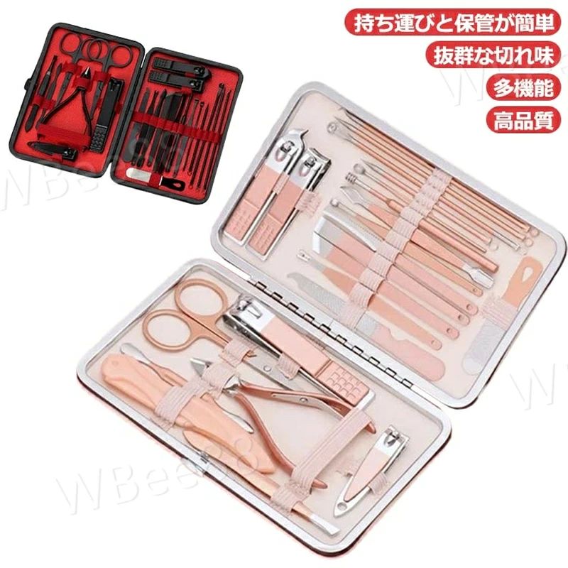 【多機能】 ネイリスト専用セット、多用途マニキュアツール。巻き爪、硬い爪、二枚爪、爪割れ、陥入爪、深爪、分厚くなった爪にお悩みの方に特におすすめです。様々な用途で大活躍！ 【抜群な切れ味】 先端部分は薄く鋭利に仕上げていますので、刃先が入りやすく確実に切ることができます。爪めになる口刃で、爪に合わせて細かいなところにもしっかり入り込みます。手の爪はもちろん、足の爪も楽々! 【持ち運びと保管が簡単】 ネイルセットは、高品質のレザーケース、美しくて軽い、丈夫で、保管と持ち運びが簡単で、旅行や日常生活に最適なあなたのスペースを節約します！ 【高品質】 高品質なステンレスチールを採用し、高硬度焼入れと両面刃付け技術により鋭利性と耐久性アップし、防錆防湿、耐摩耗性が高い、丈夫で長持ちです。ご安心ください。 サイズ フリー（23点セット） サイズについての説明 15.5*10.5*2.5cm ※上記サイズは平置き実寸になります。サイズ表の実寸法は商品によって1-3cm程度の誤差がある場合がございます。 素材 鋼製 色 ピンク ブラック 備考 ●サイズ詳細等の測り方はスタッフ間で統一、徹底はしておりますが、実寸は商品によって若干の誤差(1cm〜3cm )がある場合がございますので、予めご了承ください。 ●製造ロットにより、細部形状の違いや、同色でも色味に多少の誤差が生じます。 ●パッケージは改良のため予告なく仕様を変更する場合があります。 ▼商品の色は、撮影時の光や、お客様のモニターの色具合などにより、実際の商品と異なる場合がございます。あらかじめ、ご了承ください。 ▼生地の特性上、やや匂いが強く感じられるものもございます。数日のご使用や陰干しなどで気になる匂いはほとんど感じられなくなります。 ▼同じ商品でも生産時期により形やサイズ、カラーに多少の誤差が生じる場合もございます。 ▼出荷前に全て検品を行っておりますが、万が一商品に不具合があった場合は、お問い合わせフォームまたはメールよりご連絡頂けます様お願い申し上げます。速やかに対応致しますのでご安心ください。