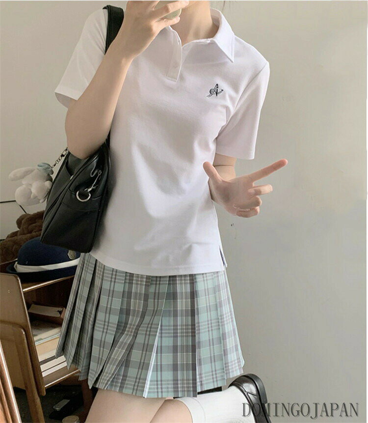 ashisuto13の【2点で送料無料】スクール ポロシャツ 半袖 女子 レディースTシャツ JK 制服 学生 学校 学生制服 中学生 高校生 学生服 トップス 夏 tシャツ 半袖Tシャツ カットソー JK制服 jk制服 女の子 半袖ポロシャツかわいい 白ポロシャツ 刺繍入り 女子中学生 女子高生 春 夏 秋｜アングル3