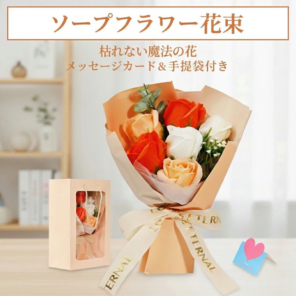 「枯れない魔法」で、変わらない想いを届けよう。 届いてそのまま渡せる、贅沢なソープフラワー花束。 まるで生花のような、繊細な美しさ 石鹸素材で作られた「ソープフラワー」は、花びら一枚一枚が本物の花のように繊細でリアル。 箱を開けた瞬間、ふんわりと優しいシャボンの香りが広がり、受け取った方を笑顔にします。 生花と違い、水やりやお手入れは一切不要。「美しい状態」を長く楽しんでいただけます。 忙しい方や、花粉が苦手な方へのギフトに 「お花を贈りたいけれど、枯れてしまうのが寂しい…」「相手が忙しくて、お世話ができるか心配…」 そんなお悩みも解決。花粉がないのでアレルギーの心配もなく、病院へのお見舞いや、小さなお子様のいるご家庭へのプレゼントにも最適です。 届いてすぐに渡せる「豪華ギフトセット」 大切な贈り物だから、ラッピングにもこだわりました。 中身が見える高級感のある「窓付き専用ギフトボックス」に入れ、「専用手提げ袋」と「メッセージカード」をセットでお届けします。 ご自身でラッピング材を用意する必要がなく、届いたその日にプレゼントできます。 選べる3つの彩り（バリエーション） 贈る相手やシーンに合わせて選べる3つのデザインをご用意しました。 Design 01. バラ（グリーン＋ホワイト）： 癒しと清涼感を与える、爽やかな色合い。 Design 02. ひまわりとバラ： 元気いっぱいの笑顔を届ける、明るいビタミンカラー。 Design 03. シャンパンオレンジ系バラ： 温かさと上品さを兼ね備えた、愛される華やかさ。 商品仕様（スペック） 商品名 ソープフラワー 花束（スタンダードブーケ） サイズ 本体：約 高さ27cm × 幅17cm × 奥行9.5cm※手作業での製造のため、若干の誤差が生じる場合がございます。 重量 約225g（軽量で持ち運びもラクラク） 素材 石鹸素材（観賞用）、紙、ポリエステル他 セット内容 ・ソープフラワー花束 本体 ・窓付き専用ギフトボックス ・専用手提げ袋 ・メッセージカード（ハートデザイン） ご注意 本品は観賞用です。石鹸・入浴剤としてのご使用はできません。 よくある質問（Q&A） Q1 香りはどのくらい持続しますか？ 開封時に優しくフローラルシャボンの香りが広がります。香りの強さは環境によりますが、時間とともに徐々に薄らいでいきます（香りの感じ方には個人差がございます）。香りが薄くなった後も、インテリアとして長くお楽しみいただけます。 Q2 お手入れは必要ですか？ 水やりや水換えは一切不要です。ホコリが気になった場合は、柔らかいブラシやドライヤーの弱冷風などで優しく取り除いてください。 Q3 お風呂に入れたり、手洗いに使えますか？ いいえ、できません。 本商品は「観賞用」のソープフラワーです。洗濯・洗顔・手洗い・入浴剤としてはご使用いただけません。水に濡れると花びらが溶けたり色落ちする原因となりますので、水気のない場所に飾ってください。 Q4 保存方法で気をつけることはありますか？ 直射日光の当たる場所や、高温多湿の場所は避けて飾ってください。強い光は色あせの原因となり、湿気は花びらの変形や色移りの原因となります。 Q5 メッセージカードに文字は入っていますか？ メッセージカードは、お客様ご自身で自由に書き込めるタイプ（無地、または定型デザイン）となっております。感謝の言葉を一言添えるだけで、より特別なギフトになります。