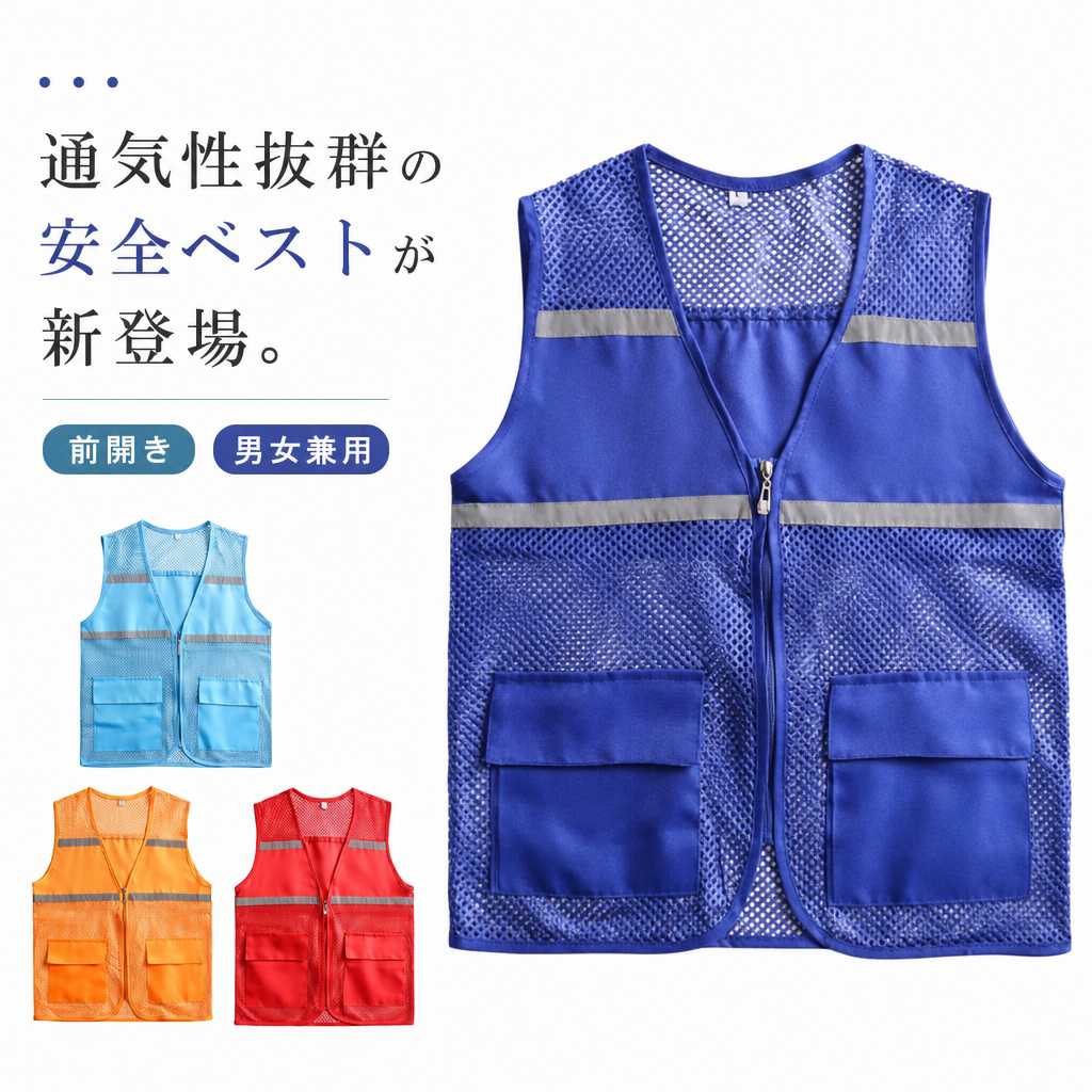 暑い季節の作業や外出時に最適！通気性抜群の安全ベストが新登場。軽量で薄手のメッシュ素材だから、長時間の着用でも快適です。高視認性反射テープ付きで、夜間や暗い場所でもしっかり視認性を確保します。多ポケット仕様で、スマホ・メモ帳・小物などを収納可能。男女兼用＆大きいサイズ対応で、作業服の上からも楽に着られます。工事現場、交通警備、夜間作業、アウトドア、散歩やジョギングにもおすすめ。 サイズ M L XL 2XL 3XL 4XL サイズについての説明 サイズ　おすすめ身長　バスト　肩幅　着丈※サイズ表の実寸法は商品によって1-3cm程度の誤差がある場合がございます。 素材 ポリエステル 色 1 2 3 4 5 6 7 8 9 10 11 12 13 14 15 16 17 18 備考 ●サイズ詳細等の測り方はスタッフ間で統一、徹底はしておりますが、実寸は商品によって若干の誤差(1cm〜3cm )がある場合がございますので、予めご了承ください。 ●商品の色は、撮影時の光や、お客様のモニターの色具合などにより、実際の商品と異なる場合がございます。あらかじめ、ご了承ください。 ●製品によっては、生地の特性上、洗濯時に縮む場合がございますので洗濯時はご注意下さいませ。 ▼色味の強い製品によっては他の衣類などに色移りする場合もございますので、速やかに（脱水、乾燥等）するようにお願いいたします。 ▼生地によっては摩擦や汗、雨などで濡れた時は、他の製品に移染する恐れがございますので、着用の際はご注意下さい。 ▼生地の特性上、やや匂いが強く感じられるものもございます。数日のご使用や陰干しなどで気になる匂いはほとんど感じられなくなります。 .安全ベスト 夏用 メッシュベスト 軽量 通気性 薄手 高視認性 反射テープ付き ノースリーブ 多ポケット 大きいサイズ 男女兼用 作業服 チョッキ は 工事現場 夜間作業 交通警備 アウトドア 散歩 に 便利な 反射ベスト です。見やすい 高視認性 と 動きやすい 軽量設計 で、夏場 の 作業 や 交通警備 に 活躍 します。。 指定された配送時間は承っておりません。暑い季節の作業や外出時に最適！通気性抜群の安全ベストが新登場。軽量で薄手のメッシュ素材だから、長時間の着用でも快適です。高視認性反射テープ付きで、夜間や暗い場所でもしっかり視認性を確保します。多ポケット仕様で、スマホ・メモ帳・小物などを収納可能。男女兼用＆大きいサイズ対応で、作業服の上からも楽に着られます。工事現場、交通警備、夜間作業、アウトドア、散歩やジョギングにもおすすめ。 サイズ M L XL 2XL 3XL 4XL サイズについての説明 サイズ　おすすめ身長　バスト　肩幅　着丈※サイズ表の実寸法は商品によって1-3cm程度の誤差がある場合がございます。 素材 ポリエステル 色 1 2 3 4 5 6 7 8 9 10 11 12 13 14 15 16 17 18 備考 ●サイズ詳細等の測り方はスタッフ間で統一、徹底はしておりますが、実寸は商品によって若干の誤差(1cm〜3cm )がある場合がございますので、予めご了承ください。 ●商品の色は、撮影時の光や、お客様のモニターの色具合などにより、実際の商品と異なる場合がございます。あらかじめ、ご了承ください。 ●製品によっては、生地の特性上、洗濯時に縮む場合がございますので洗濯時はご注意下さいませ。 ▼色味の強い製品によっては他の衣類などに色移りする場合もございますので、速やかに（脱水、乾燥等）するようにお願いいたします。 ▼生地によっては摩擦や汗、雨などで濡れた時は、他の製品に移染する恐れがございますので、着用の際はご注意下さい。 ▼生地の特性上、やや匂いが強く感じられるものもございます。数日のご使用や陰干しなどで気になる匂いはほとんど感じられなくなります。 .安全ベスト 夏用 メッシュベスト 軽量 通気性 薄手 高視認性 反射テープ付き ノースリーブ 多ポケット 大きいサイズ 男女兼用 作業服 チョッキ は 工事現場 夜間作業 交通警備 アウトドア 散歩 に 便利な 反射ベスト です。見やすい 高視認性 と 動きやすい 軽量設計 で、夏場 の 作業 や 交通警備 に 活躍 します。。 指定された配送時間は承っておりません。