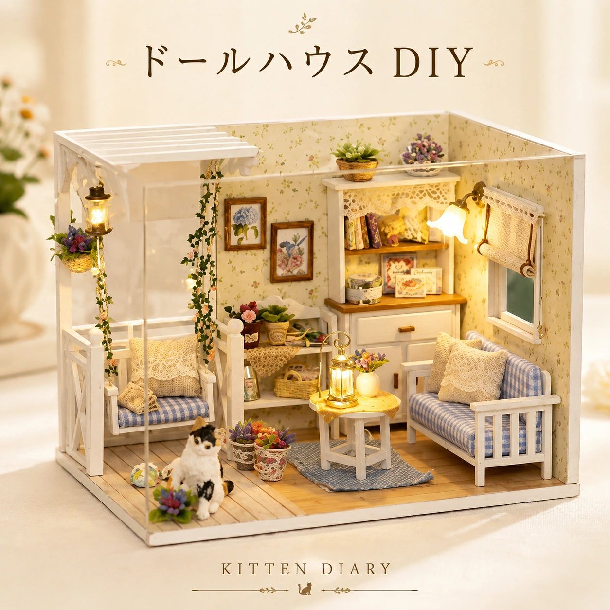 ミニチュアハウス 子猫日記 DIY ドールハウス LEDライト オルゴール 防塵カバー付き 手作りキット 猫 ブランコ 花 インテリア コレクション 誕生日 ギフト 指先訓練 プレゼント