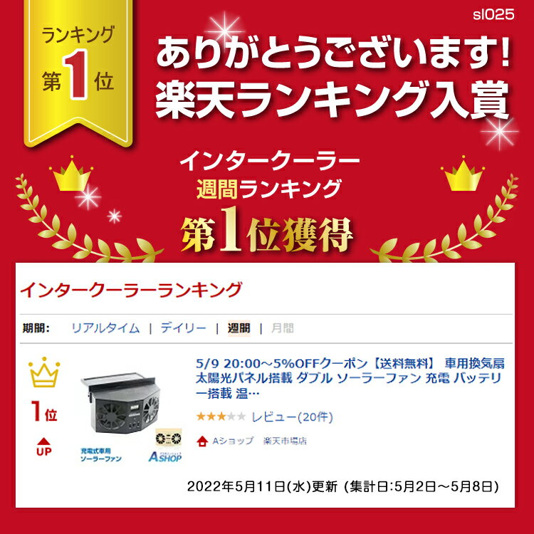 9/4 20時5%OFFクーポン【送料無料】 車用換気扇 太陽光パネル搭載 ダブル ソーラーファン 充電 バッテリー搭載 温度計付き 排熱 扇風機 ゴムフィン サーキュレーター 配線不要 車用品 ひんやり 涼しい 夏 海 暑さ対策 sl025