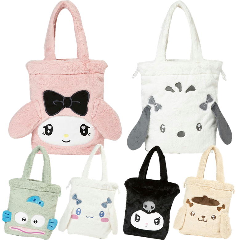 樂天商城 - サンリオ キャラクター フェイクファー 巾着 トートバッグ 手提げ クロミ マイメロディ プリン シナモロール ポチャッコ ハンギョドン ヤスダ通商