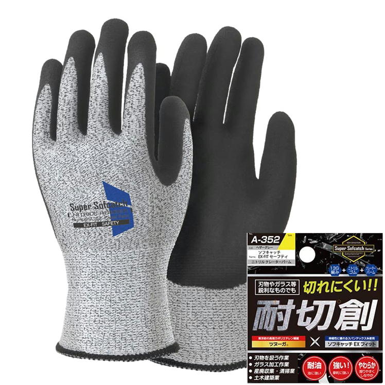 樂天商城 - おたふく 作業手袋 手袋 耐切創手袋 ソフキャッチEXフィットセーフティ ニトリルゴムクレーターパーム A-352 グレー 耐油 安全